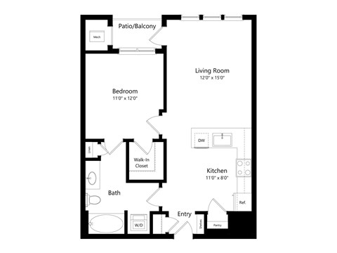 Floor plan for 1 bed, 1 bath, 706 sqft